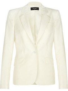 Single Button Jacket - pattern: plain; style: single breasted blazer; collar: standard lapel/rever collar; predominant colour: ivory; occasions: evening, work, occasion; length: standard; fit: tailored/fitted; fibres: wool - mix; waist detail: fitted waist; sleeve length: long sleeve; sleeve style: standard; texture group: structured shiny - satin/tafetta/silk etc.; trends: tuxedo; collar break: medium; pattern type: fabric; pattern size: standard