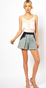 Shorts In Print With Studded Pocket Detail - style: shorts; waist: high rise; pocket detail: pockets at the sides; length: short shorts; secondary colour: navy; predominant colour: sage; occasions: casual, evening, holiday; fibres: cotton - mix; waist detail: narrow waistband; texture group: cotton feel fabrics; fit: straight leg; pattern type: fabric; pattern size: small & busy; pattern: patterned/print; embellishment: studs
