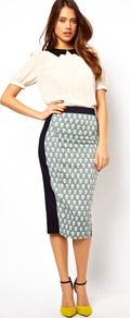 Pencil Skirt In Print With Contrast Panels - length: calf length; style: pencil; fit: tailored/fitted; waist: high rise; secondary colour: white; predominant colour: navy; occasions: evening, occasion; fibres: cotton - mix; pattern type: fabric; pattern size: small & busy; pattern: florals; texture group: woven light midweight