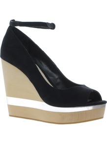 Pioneer Wedges - secondary colour: silver; predominant colour: black; occasions: casual, evening, occasion, holiday; material: fabric; ankle detail: ankle strap; heel: wedge; toe: open toe/peeptoe; style: courts; finish: plain; pattern: colourblock; heel height: very high