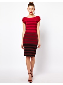 Off The Shoulder Dress - neckline: slash/boat neckline; sleeve style: capped; fit: tight; pattern: horizontal stripes; style: bodycon; hip detail: fitted at hip; predominant colour: true red; secondary colour: burgundy; occasions: evening, work, occasion; length: just above the knee; sleeve length: short sleeve; texture group: jersey - clingy; trends: striking stripes, glamorous day shifts; pattern type: fabric; pattern size: standard; fibres: silk - stretch