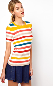 Summer Stripe Top - neckline: round neck; pattern: horizontal stripes; occasions: casual, holiday; length: standard; style: top; fibres: cotton - 100%; fit: body skimming; predominant colour: multicoloured; sleeve length: short sleeve; sleeve style: standard; texture group: knits/crochet; pattern type: knitted - fine stitch; pattern size: standard