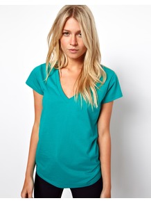 T Shirt With V Neck - neckline: low v-neck; pattern: plain; length: below the bottom; style: t-shirt; predominant colour: turquoise; occasions: casual, holiday; fibres: cotton - 100%; fit: loose; sleeve length: short sleeve; sleeve style: standard; pattern type: fabric; texture group: jersey - stretchy/drapey