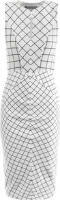 Nelson Dress - style: shift; length: below the knee; neckline: round neck; fit: tailored/fitted; sleeve style: sleeveless; waist detail: fitted waist; bust detail: ruching/gathering/draping/layers/pintuck pleats at bust; predominant colour: white; occasions: casual, evening, work, occasion; fibres: polyester/polyamide - stretch; hip detail: sculpting darts/pleats/seams at hip; shoulder detail: flat/draping pleats/ruching/gathering at shoulder; sleeve length: sleeveless; trends: sporty redux, glamorous day shifts, modern geometrics; pattern type: fabric; pattern size: small & light; pattern: patterned/print; texture group: jersey - stretchy/drapey