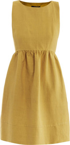 Hot Dress - style: shift; neckline: round neck; fit: fitted at waist; pattern: plain; sleeve style: sleeveless; waist detail: twist front waist detail/nipped in at waist on one side/soft pleats/draping/ruching/gathering waist detail; predominant colour: mustard; occasions: casual, evening, occasion, holiday; length: just above the knee; fibres: linen - mix; sleeve length: sleeveless; texture group: linen; trends: glamorous day shifts; pattern type: fabric; pattern size: standard