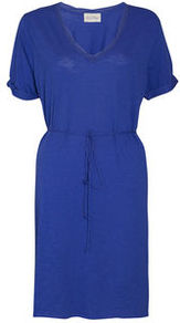 Jacksonville Short Sleeve Dress - style: shift; neckline: v-neck; pattern: plain; waist detail: belted waist/tie at waist/drawstring; predominant colour: royal blue; occasions: casual; length: on the knee; fit: body skimming; fibres: cotton - mix; sleeve length: short sleeve; sleeve style: standard; texture group: cotton feel fabrics; pattern type: fabric