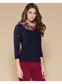 Felicity All Over Pointelle Cardigan - neckline: round neck; pattern: plain; bust detail: buttons at bust (in middle at breastbone)/zip detail at bust; predominant colour: navy; occasions: casual, work; length: standard; style: standard; fibres: cotton - 100%; fit: slim fit; sleeve length: 3/4 length; sleeve style: standard; texture group: knits/crochet; pattern type: knitted - big stitch; pattern size: standard