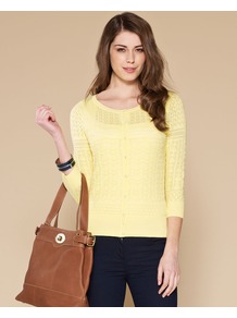 Felicity All Over Pointelle Cardigan - neckline: round neck; shoulder detail: contrast pattern/fabric at shoulder; bust detail: buttons at bust (in middle at breastbone)/zip detail at bust; predominant colour: primrose yellow; occasions: casual, evening, work, holiday; length: standard; style: standard; fibres: cotton - 100%; fit: slim fit; waist detail: fitted waist; sleeve length: 3/4 length; sleeve style: standard; texture group: knits/crochet; pattern type: knitted - other; pattern size: small & light; pattern: patterned/print