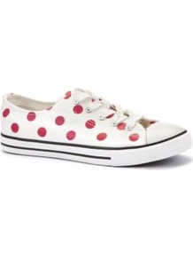 White Polka Dot Print Lace Up Trainers - predominant colour: white; occasions: casual; material: fabric; heel height: flat; toe: round toe; style: trainers; trends: sporty redux; finish: plain; pattern: polka dot