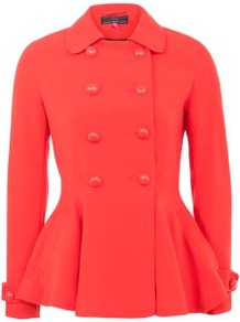 Red Double Button Peplum Coat - pattern: plain; length: standard; style: double breasted; predominant colour: true red; occasions: casual, evening, work; fit: tailored/fitted; fibres: polyester/polyamide - 100%; collar: shirt collar/peter pan/zip with opening; waist detail: peplum detail at waist; sleeve length: long sleeve; sleeve style: standard; trends: fluorescent; collar break: high; pattern type: fabric; pattern size: standard; texture group: woven light midweight