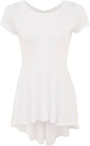 White Dip Hem Peplum T Shirt - neckline: round neck; sleeve style: capped; pattern: plain; length: below the bottom; style: t-shirt; waist detail: peplum waist detail; predominant colour: white; occasions: casual; fibres: viscose/rayon - stretch; fit: tight; back detail: longer hem at back than at front; sleeve length: short sleeve; pattern type: fabric; pattern size: standard; texture group: jersey - stretchy/drapey