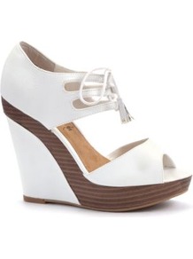 White Lace Up Wood Effect Peeptoe Wedges - predominant colour: white; occasions: casual, evening, holiday; material: faux leather; heel height: high; embellishment: studs; ankle detail: ankle tie; heel: wedge; toe: open toe/peeptoe; style: standard; finish: plain; pattern: plain