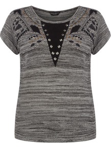 Black Stud Jersey Knit - neckline: round neck; sleeve style: capped; pattern: plain; bust detail: added detail/embellishment at bust; style: standard; predominant colour: black; secondary colour: black; occasions: casual, work; length: standard; fibres: cotton - 100%; fit: standard fit; sleeve length: short sleeve; pattern type: knitted - fine stitch; pattern size: small & light; texture group: jersey - stretchy/drapey; embellishment: studs