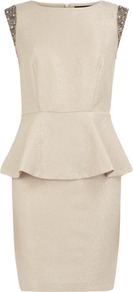 Ivory Embellished Dress - style: shift; length: mid thigh; neckline: round neck; sleeve style: capped; fit: tailored/fitted; pattern: plain; waist detail: peplum waist detail; predominant colour: stone; occasions: evening; shoulder detail: added shoulder detail; sleeve length: sleeveless; texture group: crepes; pattern type: fabric; embellishment: beading; fibres: viscose/rayon - mix
