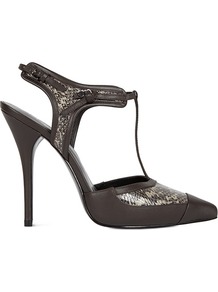 Ninette Tbar Open Back Court - predominant colour: black; occasions: evening, work, occasion; material: leather; heel height: high; embellishment: buckles; ankle detail: ankle strap; heel: stiletto; toe: pointed toe; style: t-bar; finish: plain; pattern: animal print