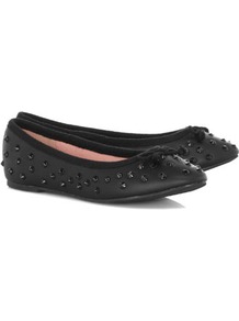 Black Studded Ballet Pumps - predominant colour: black; occasions: casual, work; material: faux leather; heel height: flat; embellishment: studs; toe: round toe; style: ballerinas / pumps; finish: plain; pattern: plain