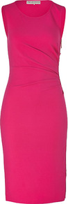 Rosebud Draped Sheath Dress With Side Zip - style: shift; neckline: round neck; fit: tailored/fitted; pattern: plain; sleeve style: sleeveless; waist detail: twist front waist detail/nipped in at waist on one side/soft pleats/draping/ruching/gathering waist detail; hip detail: fitted at hip; predominant colour: hot pink; occasions: casual, evening, occasion; length: on the knee; fibres: cotton - stretch; sleeve length: sleeveless; texture group: crepes; pattern type: fabric