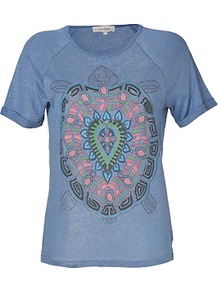 Denim Blue Multi Print Linen T Shirt - neckline: round neck; style: t-shirt; predominant colour: denim; occasions: casual, holiday; length: standard; fibres: linen - 100%; fit: body skimming; sleeve length: short sleeve; sleeve style: standard; texture group: linen; pattern type: fabric; pattern size: big & busy; pattern: patterned/print