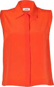 Bright Orange Sleeveless Silk Top - neckline: shirt collar/peter pan/zip with opening; pattern: plain; sleeve style: sleeveless; style: shirt; predominant colour: bright orange; occasions: casual, evening, work; length: standard; fibres: silk - 100%; fit: loose; sleeve length: sleeveless; texture group: silky - light; trends: fluorescent; pattern type: fabric