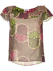 Honey/Pink Multi Flower Print Silk Tunic Top - neckline: round neck; sleeve style: angel/waterfall; style: tunic; bust detail: ruching/gathering/draping/layers/pintuck pleats at bust; occasions: casual, evening, work, holiday; length: standard; fibres: silk - 100%; fit: straight cut; back detail: longer hem at back than at front; predominant colour: multicoloured; sleeve length: short sleeve; texture group: sheer fabrics/chiffon/organza etc.; pattern type: fabric; pattern size: big & busy; pattern: patterned/print