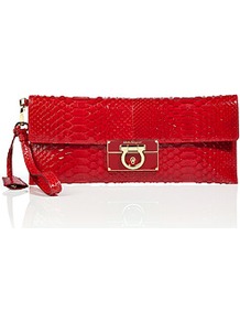 Red Python Wristlet Clutch - predominant colour: true red; occasions: evening, occasion; type of pattern: light; style: clutch; length: hand carry; size: small; material: animal skin; pattern: animal print; finish: patent