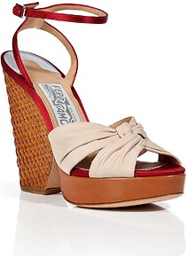 Nude/Red Multi Suna Wedge Sandals - predominant colour: nude; occasions: casual, evening, holiday; material: leather; heel height: high; ankle detail: ankle strap; heel: wedge; toe: open toe/peeptoe; style: standard; finish: plain; pattern: plain; embellishment: pleated