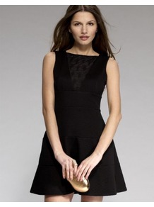 Skater Shift Dress With Mesh Insert - length: mid thigh; neckline: strapless (straight/sweetheart); pattern: plain; sleeve style: sleeveless; predominant colour: black; occasions: evening, occasion; fit: fitted at waist & bust; style: fit & flare; fibres: polyester/polyamide - stretch; sleeve length: sleeveless; trends: volume; pattern type: fabric; texture group: jersey - stretchy/drapey