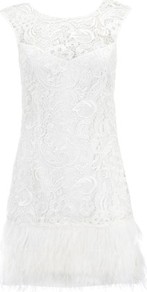 V I P Waxed Lace Feather Shift Dress - style: shift; length: mid thigh; neckline: round neck; sleeve style: capped; back detail: low cut/open back; predominant colour: white; occasions: evening, occasion, holiday; fit: body skimming; fibres: polyester/polyamide - 100%; sleeve length: short sleeve; texture group: lace; pattern type: fabric; pattern size: small & busy; pattern: florals; embellishment: lace