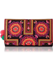 Tuk Tuk Embroidered Leather Clutch Bag Black - predominant colour: black; occasions: casual, evening, occasion, holiday; type of pattern: heavy; style: clutch; length: hand carry; size: small; material: leather; embellishment: embroidered; trends: high impact florals, fluorescent; finish: plain; pattern: patterned/print