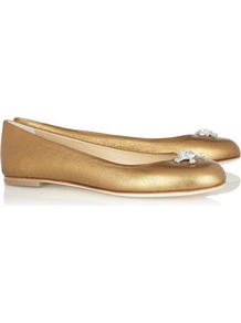 Metallic Textured Leather Ballet Flats - predominant colour: gold; occasions: casual, work; material: leather; heel height: flat; embellishment: crystals; toe: round toe; style: ballerinas / pumps; trends: metallics; finish: metallic; pattern: plain