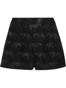 Panthera Jaquard Shorts - style: shorts; pocket detail: small back pockets, pockets at the sides; waist: high rise; length: short shorts; predominant colour: black; occasions: casual, evening; fibres: polyester/polyamide - mix; hip detail: front pleats at hip level; waist detail: narrow waistband; texture group: structured shiny - satin/tafetta/silk etc.; fit: straight leg; pattern type: fabric; pattern size: small & light; pattern: patterned/print