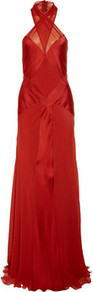 Satin And Silk Chiffon Gown - style: ballgown; pattern: plain; sleeve style: sleeveless; bust detail: sheer at bust; neckline: halter neck; back detail: low cut/open back; predominant colour: true red; occasions: evening, occasion; length: floor length; fit: fitted at waist & bust; fibres: silk - 100%; sleeve length: sleeveless; texture group: silky - light; pattern type: fabric