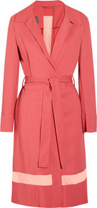 Sheer Paneled Jersey Duster Coat - pattern: plain; style: single breasted; fit: slim fit; collar: standard lapel/rever collar; predominant colour: pink; occasions: casual, evening, occasion; fibres: viscose/rayon - stretch; length: below the knee; waist detail: belted waist/tie at waist/drawstring; sleeve length: long sleeve; sleeve style: standard; texture group: cotton feel fabrics; collar break: low/open; pattern type: fabric