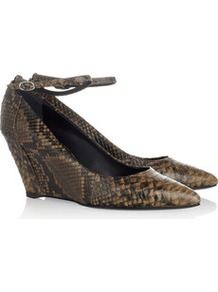 Snake Effect Leather Wedge Pumps - predominant colour: tan; occasions: evening, work; material: leather; heel height: mid; embellishment: buckles; ankle detail: ankle strap; heel: wedge; toe: pointed toe; style: courts; finish: plain; pattern: animal print
