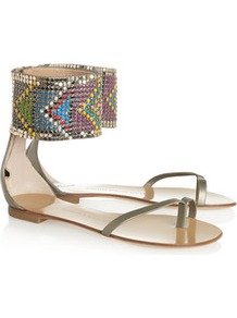 Metallic Leather And Resin Sandals - predominant colour: silver; occasions: casual, holiday; material: leather; heel height: flat; embellishment: beading; ankle detail: ankle strap; heel: stiletto; toe: toe thongs; style: flip flops / toe post; trends: metallics; finish: plain; pattern: patterned/print