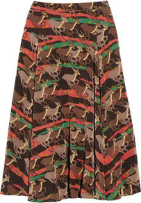 Running Impala Printed Silk Midi Skirt - length: below the knee; fit: loose/voluminous; waist: mid/regular rise; occasions: casual; style: a-line; fibres: silk - 100%; predominant colour: multicoloured; texture group: structured shiny - satin/tafetta/silk etc.; trends: statement prints; pattern type: fabric; pattern size: big & busy; pattern: patterned/print