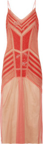 Beaded Silk Chiffon And Tulle Dress - style: shift; length: calf length; neckline: low v-neck; sleeve style: spaghetti straps; pattern: striped; back detail: low cut/open back; predominant colour: coral; secondary colour: nude; occasions: evening, occasion, holiday; fit: body skimming; fibres: silk - 100%; sleeve length: sleeveless; texture group: sheer fabrics/chiffon/organza etc.; pattern type: fabric; pattern size: standard; embellishment: beading
