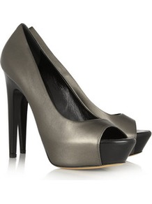 Metallic Leather Pumps - predominant colour: charcoal; occasions: evening, work, occasion; material: leather; heel height: high; heel: platform; toe: open toe/peeptoe; style: courts; trends: metallics; finish: metallic; pattern: plain