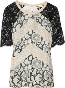Josephine Printed Silk And Lace Top - neckline: round neck; shoulder detail: contrast pattern/fabric at shoulder; secondary colour: stone; predominant colour: mid grey; occasions: casual, evening, work, holiday; length: standard; style: top; fibres: silk - mix; fit: body skimming; sleeve length: short sleeve; sleeve style: standard; pattern type: fabric; pattern size: big & busy; pattern: patterned/print; texture group: jersey - stretchy/drapey; embellishment: lace
