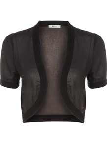 Black Chiffon Bolero - pattern: plain; style: bolero/shrug; length: cropped; neckline: collarless open; predominant colour: black; occasions: casual, evening, work, occasion; fibres: polyester/polyamide - 100%; fit: slim fit; sleeve length: short sleeve; sleeve style: standard; texture group: sheer fabrics/chiffon/organza etc.; pattern type: fabric