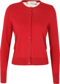 G554 Polka Dot Red Cardigan - neckline: round neck; pattern: plain; back detail: contrast pattern/fabric at back; predominant colour: true red; occasions: casual; length: standard; style: standard; fibres: cotton - 100%; fit: slim fit; sleeve length: long sleeve; sleeve style: standard; texture group: knits/crochet; pattern type: knitted - fine stitch; pattern size: standard