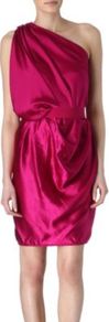 Asymmetric Dress - neckline: low v-neck; fit: fitted at waist; pattern: plain; sleeve style: sleeveless; style: asymmetric (top); waist detail: fitted waist; bust detail: ruching/gathering/draping/layers/pintuck pleats at bust; predominant colour: hot pink; occasions: evening, occasion; length: just above the knee; fibres: silk - 100%; hip detail: soft pleats at hip/draping at hip/flared at hip; sleeve length: sleeveless; texture group: structured shiny - satin/tafetta/silk etc.; pattern type: fabric