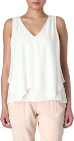 Jantine Top - neckline: v-neck; pattern: plain; sleeve style: sleeveless; bust detail: ruching/gathering/draping/layers/pintuck pleats at bust; predominant colour: white; occasions: casual, work, occasion; length: standard; style: top; fibres: silk - 100%; fit: body skimming; waist detail: ruffles at waist; sleeve length: sleeveless; texture group: silky - light; pattern type: fabric