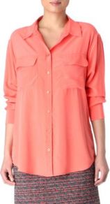Signature Solid Shirt - neckline: shirt collar/peter pan/zip with opening; pattern: plain; style: shirt; bust detail: pocket detail at bust; predominant colour: coral; occasions: casual; length: standard; fibres: silk - 100%; fit: straight cut; sleeve length: long sleeve; sleeve style: standard; texture group: sheer fabrics/chiffon/organza etc.; pattern type: fabric