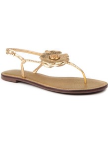 Shelby Leather Sandals - predominant colour: gold; occasions: casual, evening, holiday; material: leather; heel height: flat; heel: standard; toe: toe thongs; style: flip flops / toe post; trends: metallics; finish: metallic; pattern: plain; embellishment: corsage