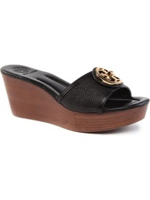Selma Leather Wedge Sandals - secondary colour: chocolate brown; predominant colour: black; occasions: casual, holiday; material: leather; heel height: mid; heel: wedge; toe: open toe/peeptoe; style: slides; finish: plain; pattern: plain; embellishment: chain/metal