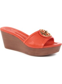 Selma Leather Wedge Sandals - predominant colour: true red; occasions: casual, holiday; material: leather; heel height: mid; heel: wedge; toe: open toe/peeptoe; style: slides; finish: plain; pattern: plain; embellishment: applique