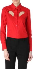 Cut Out Shirt - neckline: shirt collar/peter pan/zip with opening; pattern: plain; bust detail: added detail/embellishment at bust; style: shirt; predominant colour: true red; occasions: casual, evening, work; length: standard; fibres: cotton - 100%; fit: tailored/fitted; back detail: longer hem at back than at front; sleeve length: long sleeve; sleeve style: standard; texture group: cotton feel fabrics; pattern type: fabric