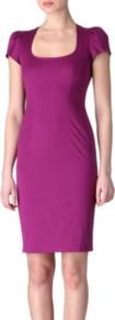 Structured Dress - style: shift; sleeve style: capped; fit: tailored/fitted; pattern: plain; predominant colour: magenta; occasions: evening, work, occasion; length: just above the knee; fibres: cotton - stretch; sleeve length: sleeveless; texture group: structured shiny - satin/tafetta/silk etc.; trends: glamorous day shifts; neckline: low square neck; pattern type: fabric