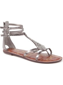 Genna Leather Sandals - predominant colour: silver; occasions: casual, evening, holiday; material: leather; heel height: flat; ankle detail: ankle strap; heel: standard; toe: toe thongs; style: gladiators; trends: metallics; finish: metallic; pattern: animal print; embellishment: chain/metal